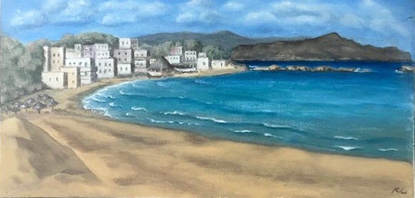 Kreta, Kalamaki Akryl på lærred. 1 cm. "Guld"-svæveramme. 20x40 cm. 1200 DKK  
