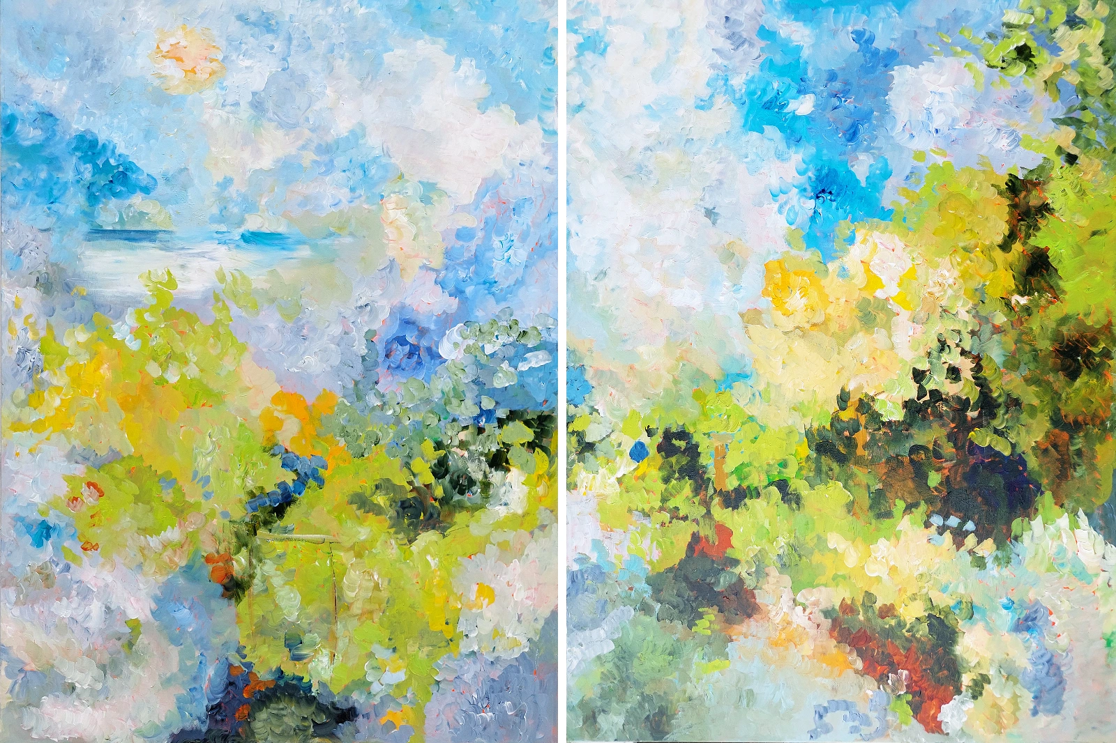 Fra serien "Sommerglæder" nr. 3 & 4.     From the serie "Summer joy" no. 3 & 4. Akryl på canvas. 7000 d.kr. / €950